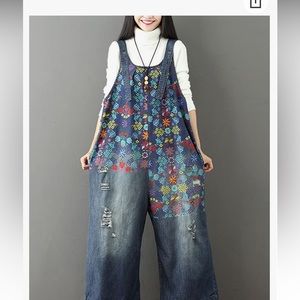 Flygo Women's Floral Printed Wide Leg Distressed Bib Denim Overalls Jumpsuits